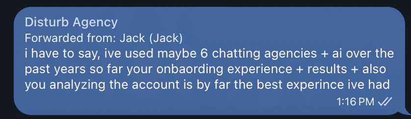 Telegram message forwarded from a creator: the onboarding, results and account analysis are by far the best experience he has had