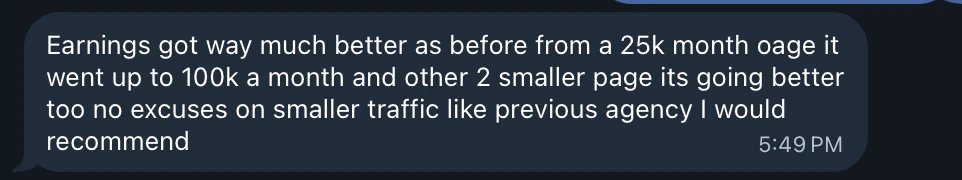 Telegram message: earnings went from 25k a month to 100k a month, would recommend