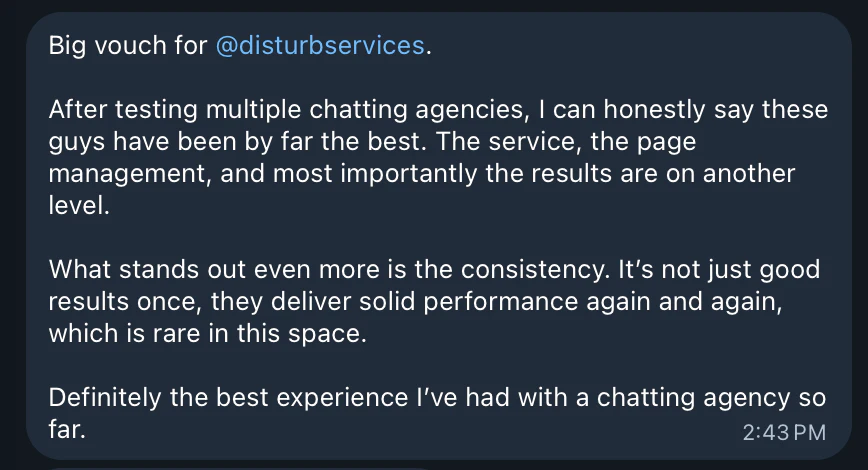 Telegram message: after testing multiple chatting agencies, these guys have been by far the best