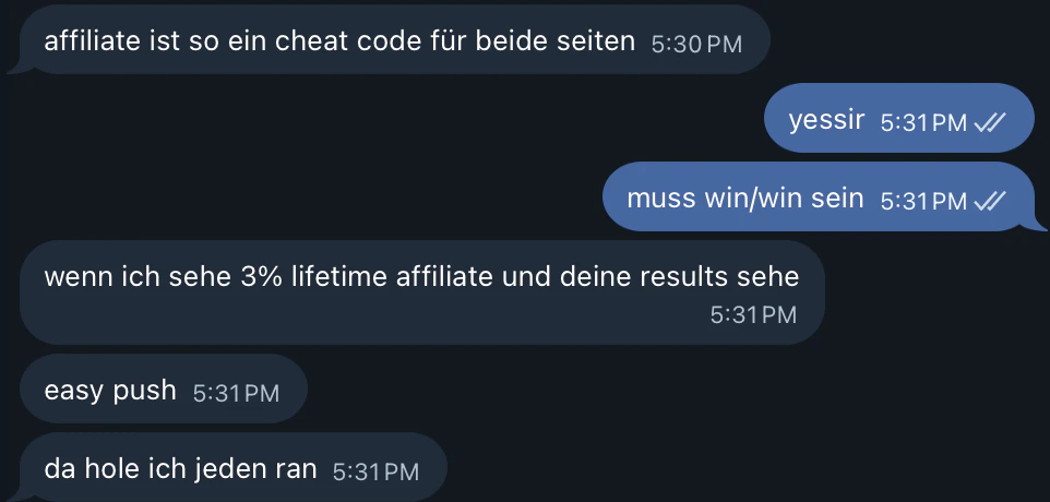 Telegram chat in German about the 3% lifetime affiliate being a cheat code for both sides
