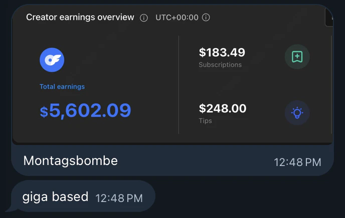 Telegram chat showing a creator earnings overview of $5,602.09 with the reaction “giga based”